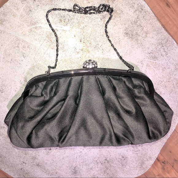 Handbags - Clutch purse black with beautiful rhinestone hardware closure w chain strap